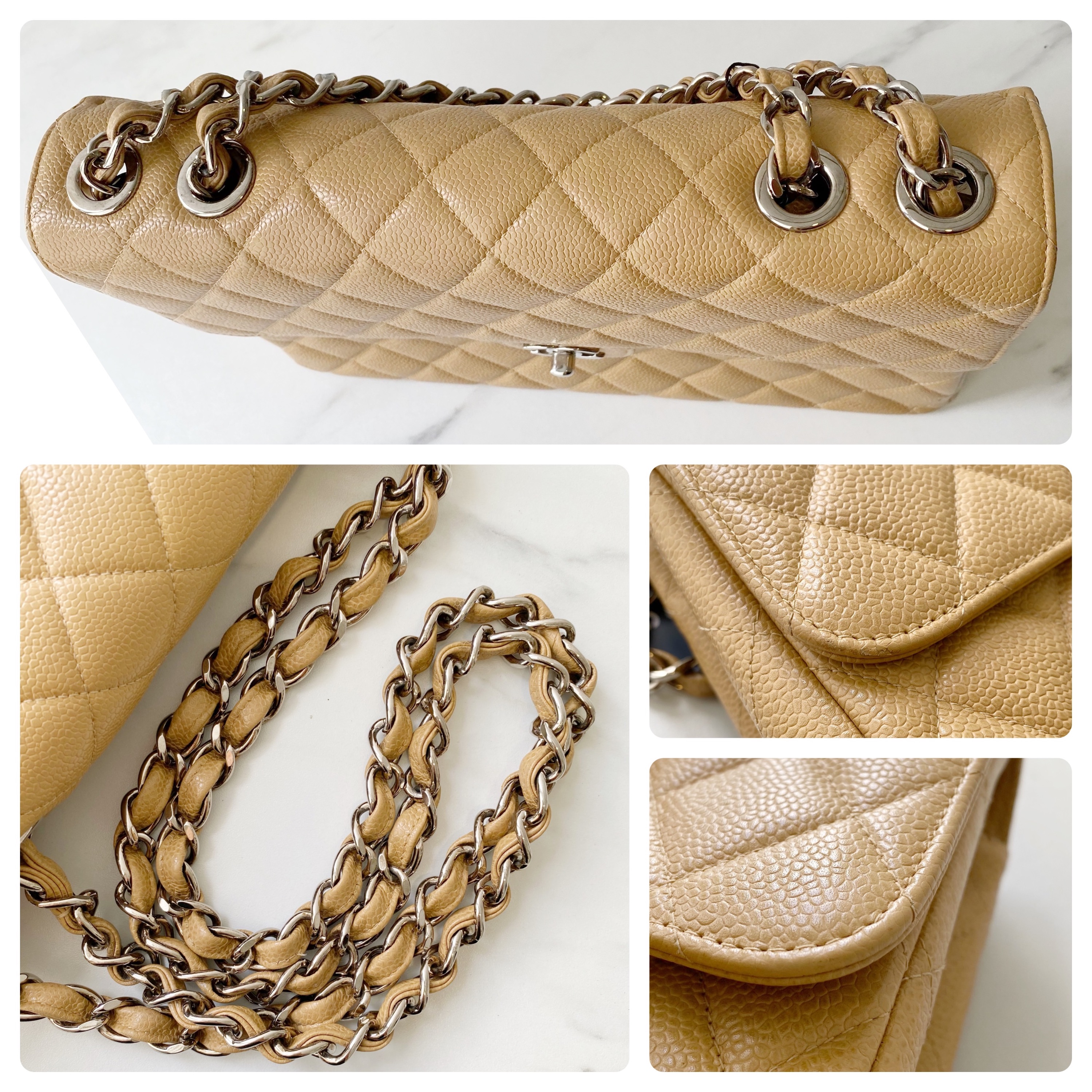 Preowned Chanel Beige Caviar Leather Quilted Jumbo Flap Bag Yellow