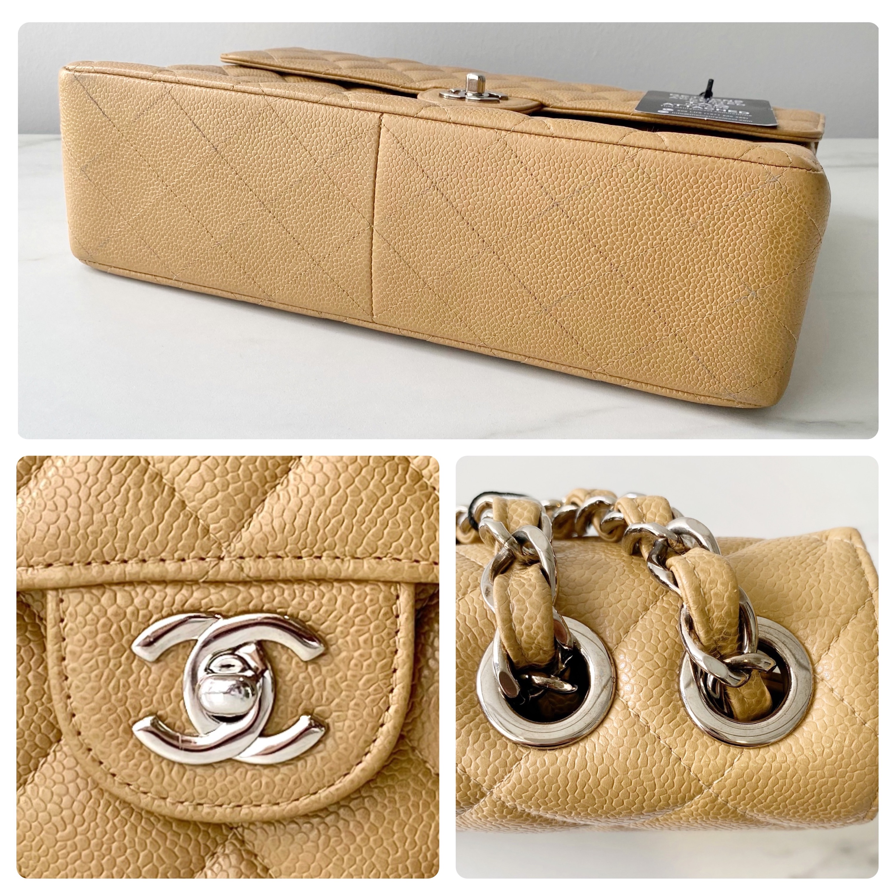 Preowned Chanel Beige Caviar Leather Quilted Jumbo Flap Bag Yellow