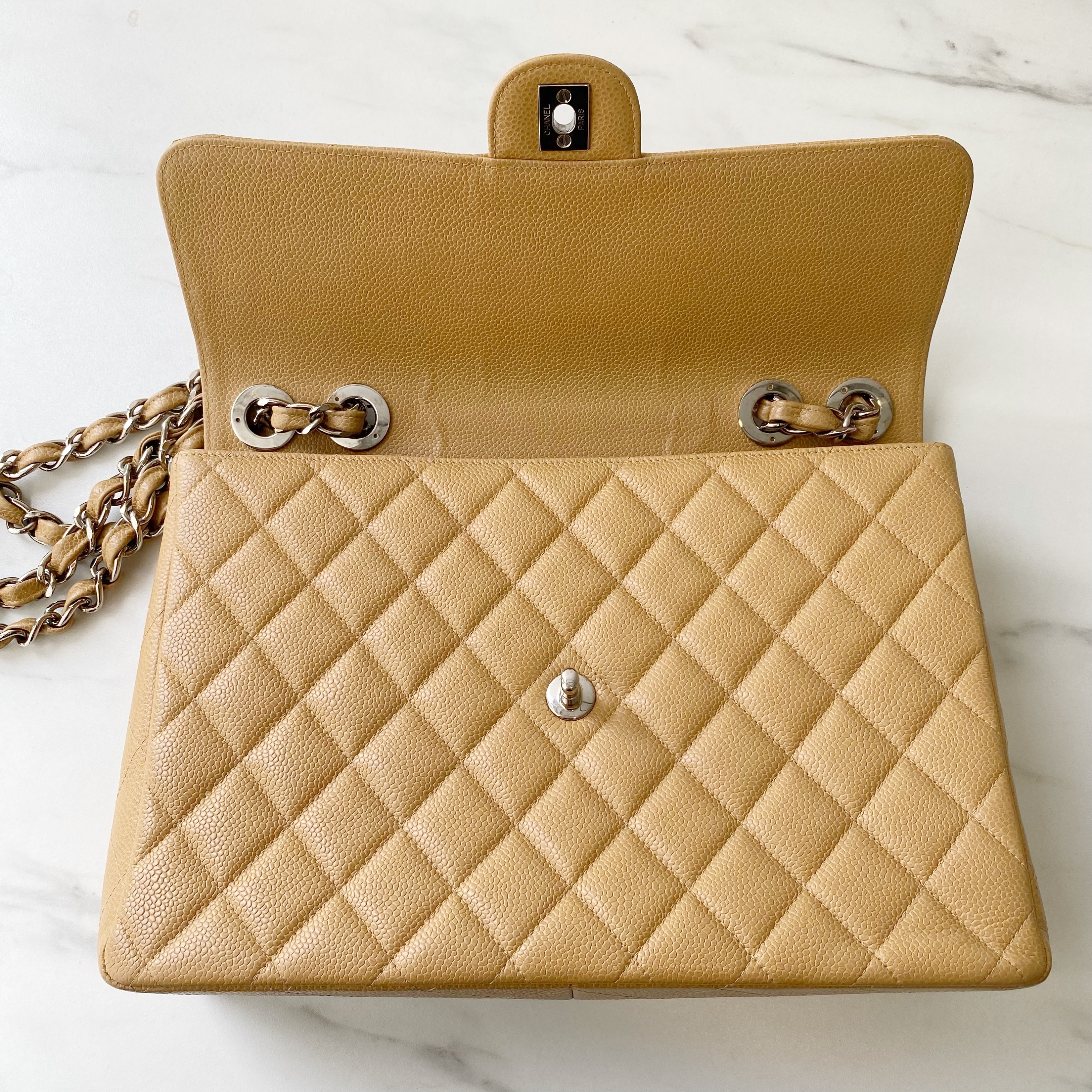 Preowned Chanel Beige Caviar Leather Quilted Jumbo Flap Bag Yellow