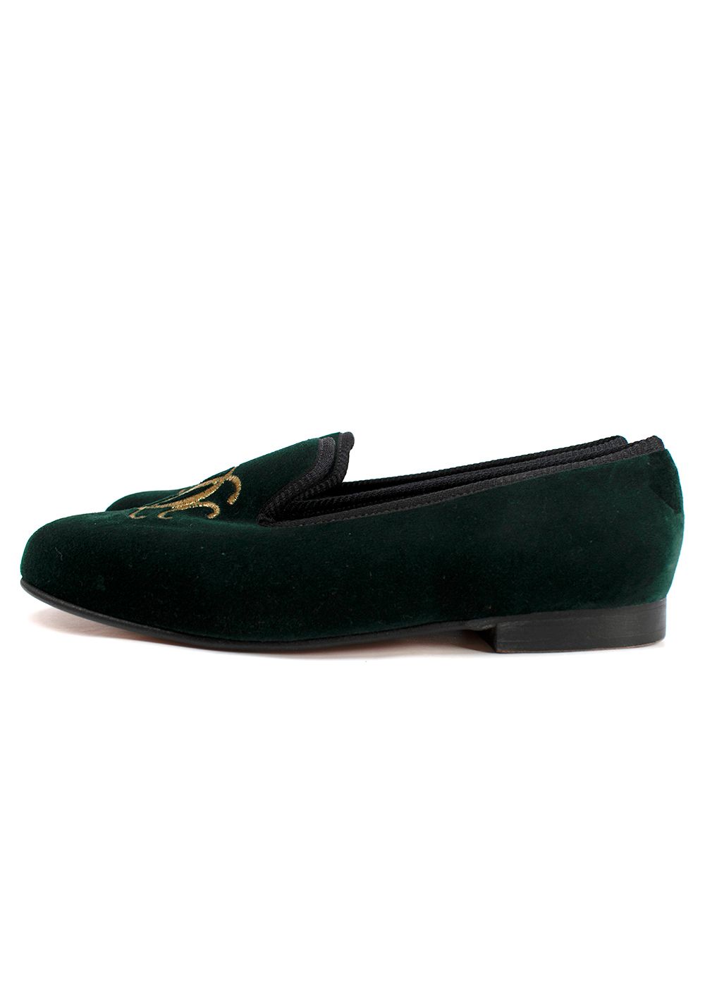 Church's Emerald Green Velvet Loafers with Embroidered Gold Detail Size 40