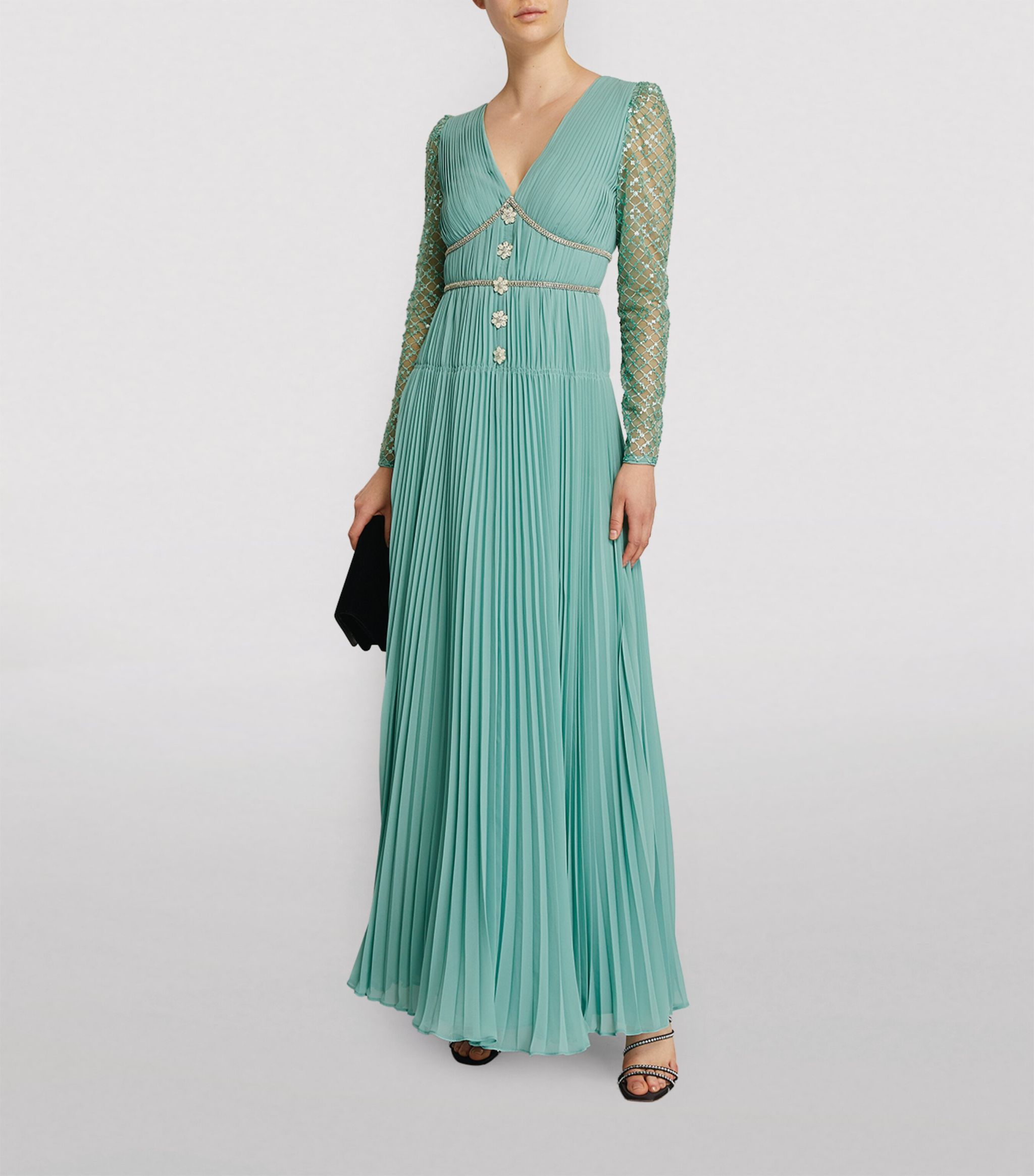 Self Portrait Green Embellished Maxi Dress Size XS chiffon