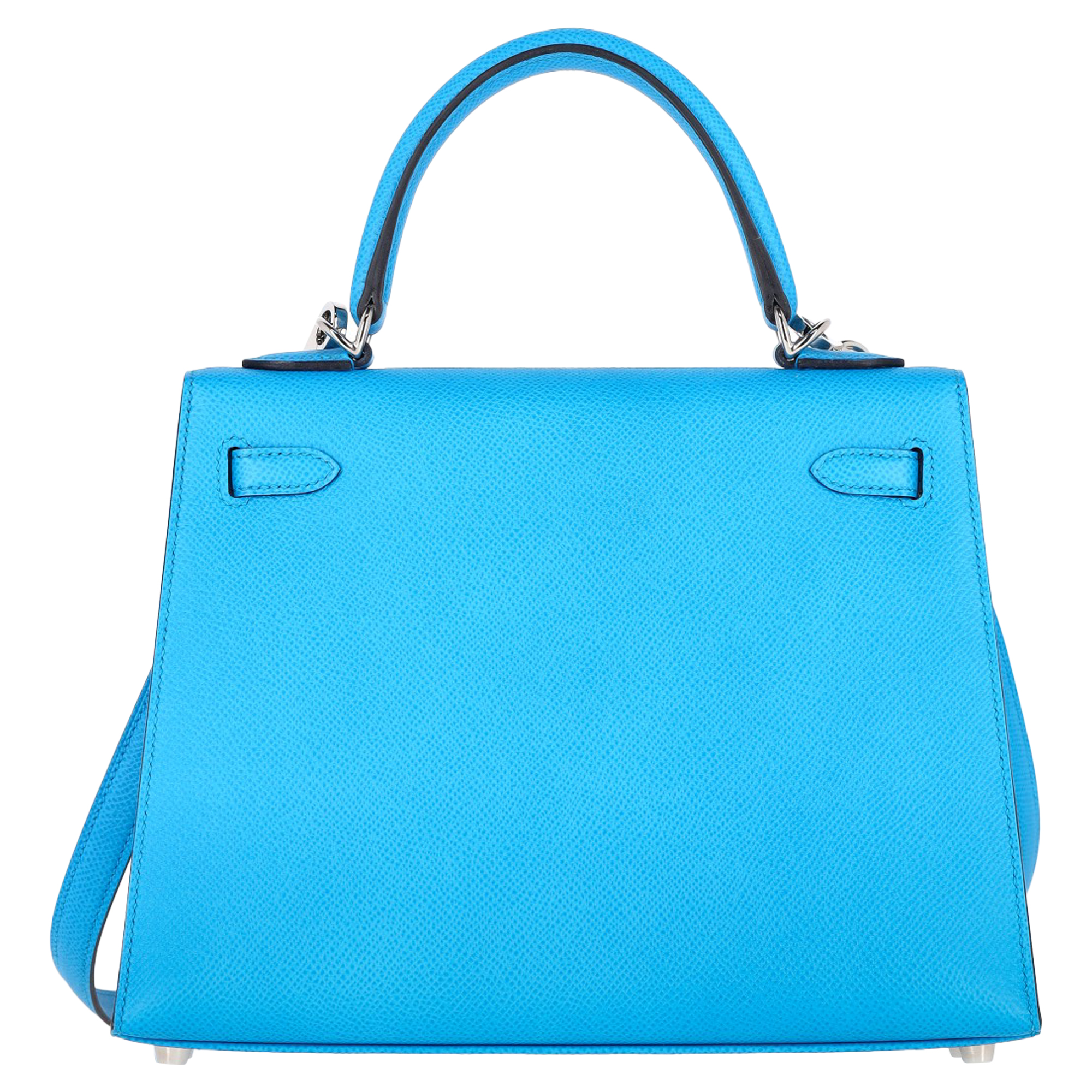 Preowned Hermes Hermès Kelly 25 Sellier in Blue Courchevel Leather with Palladium Hardware blue | light blue leather/epsom leather