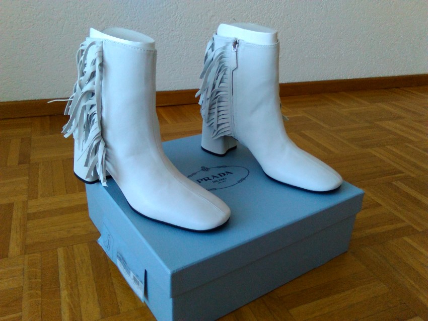 Miu Miu Prada Fringed Leather Ankle Boots Size 385 White