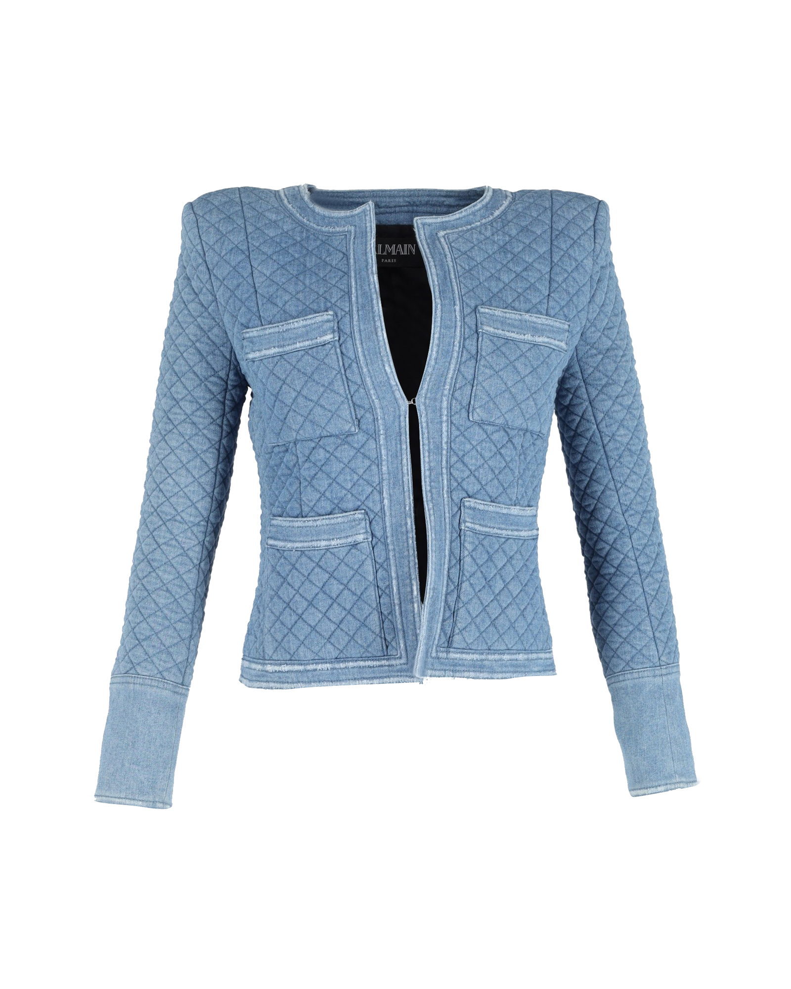 Preowned Balmain Blue Quilted Denim Collarless Blazer Size M cotton