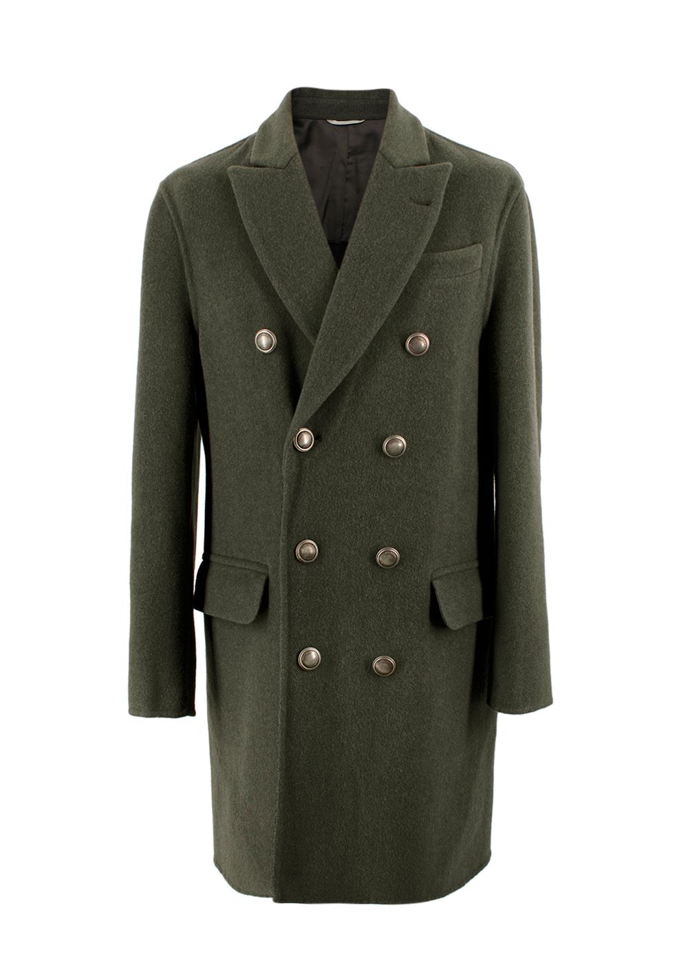 Men's Brunello Cucinelli Khaki Wool  Cashmere Double-breasted Long Green Coat Size S wool/cashmere