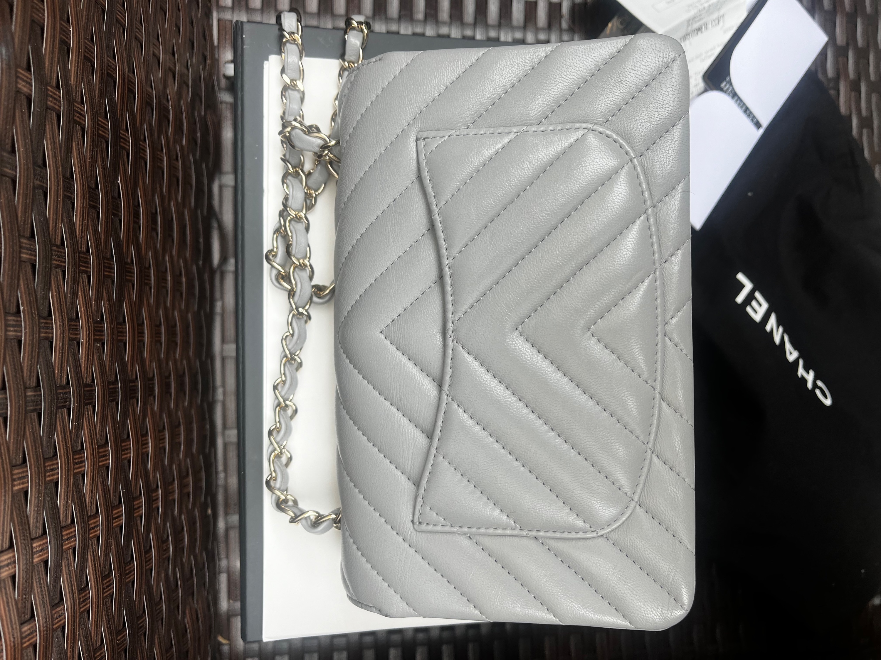 Preowned Chanel Dove Grey Chevron Mini Rectangular Single Flap Bag Size XS Light grey leather