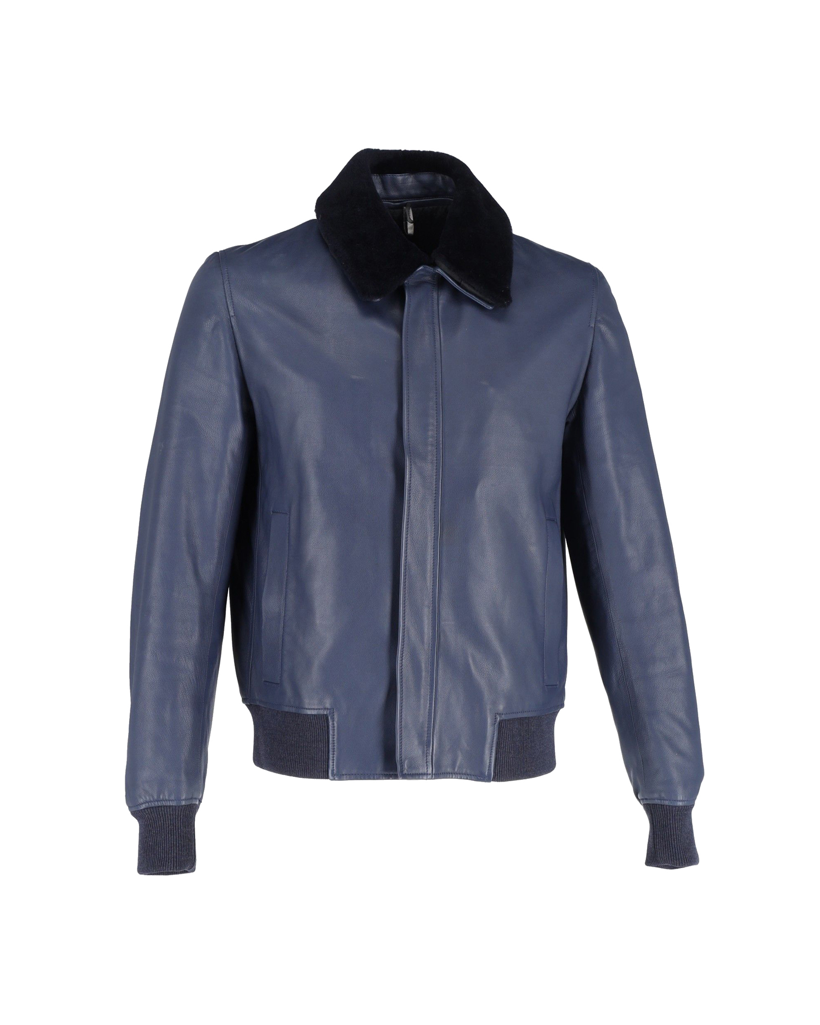 Men's Preowned Dior Navy Blue Shearling Collar Leather Bomber Jacket Size XL blue | navy blue