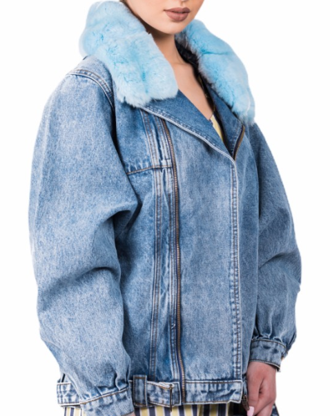 FurbySD Chinchilla Fur Trim Denim Jacket Size M Blue