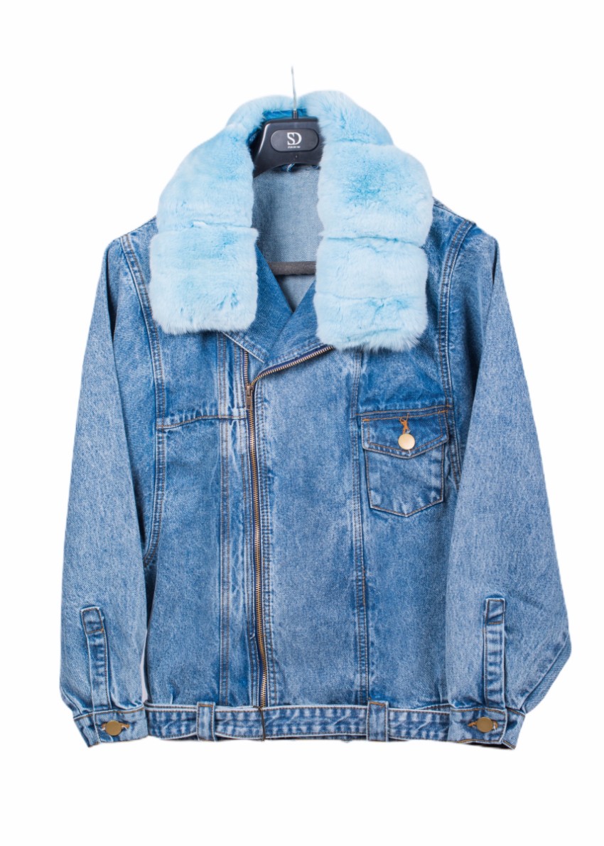 FurbySD Chinchilla Fur Trim Denim Jacket Size M Blue