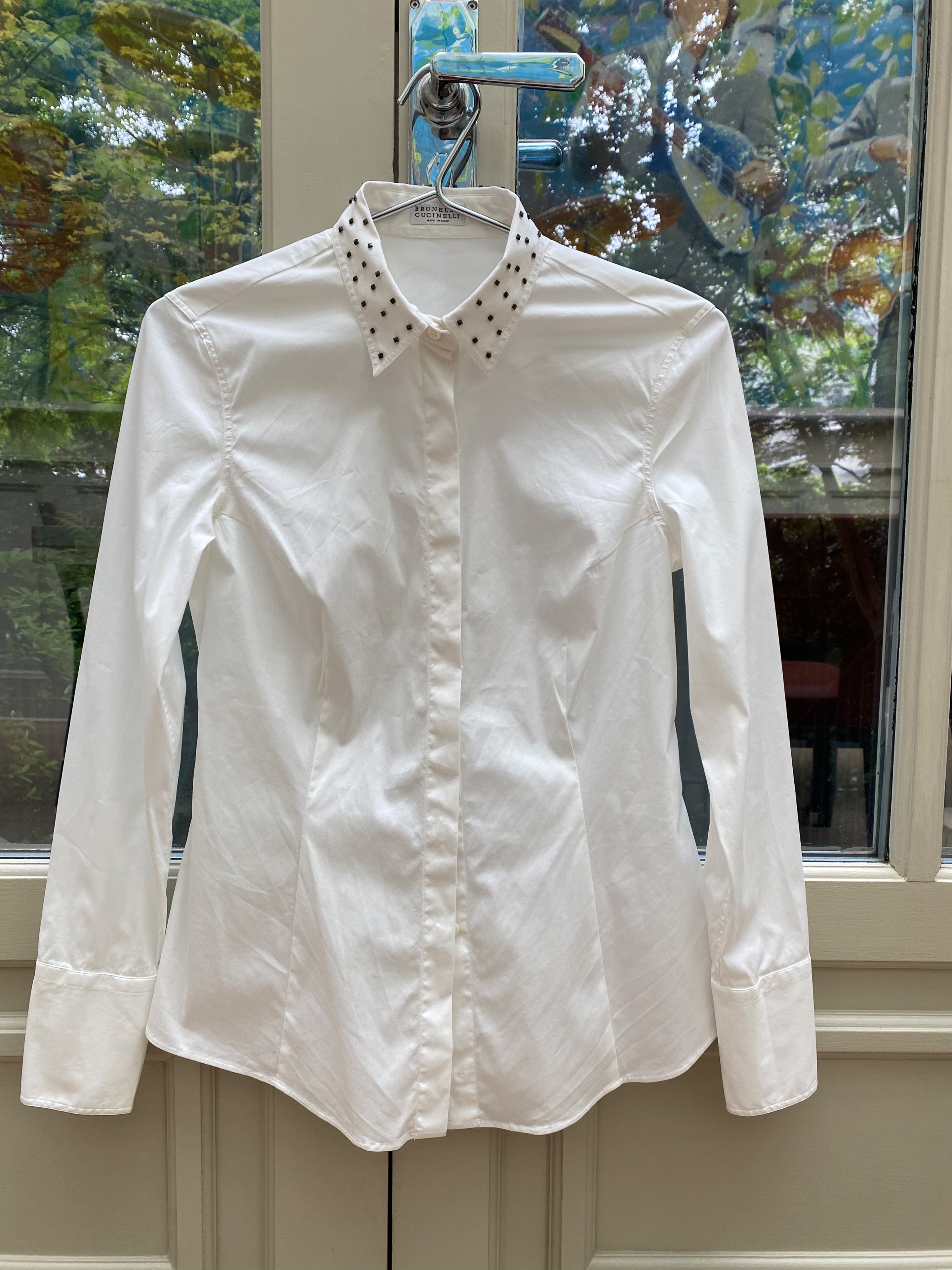 Preowned Brunello Cucinelli Studded Collar White Cotton Shirt Size S cotton/elastane