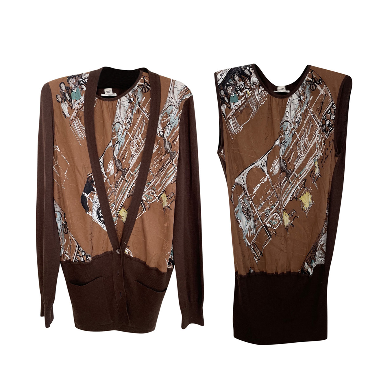 Preowned Hermes Chocolate Brown Printed Silk  Cashmere Twin-Set Size M Tan/Brown