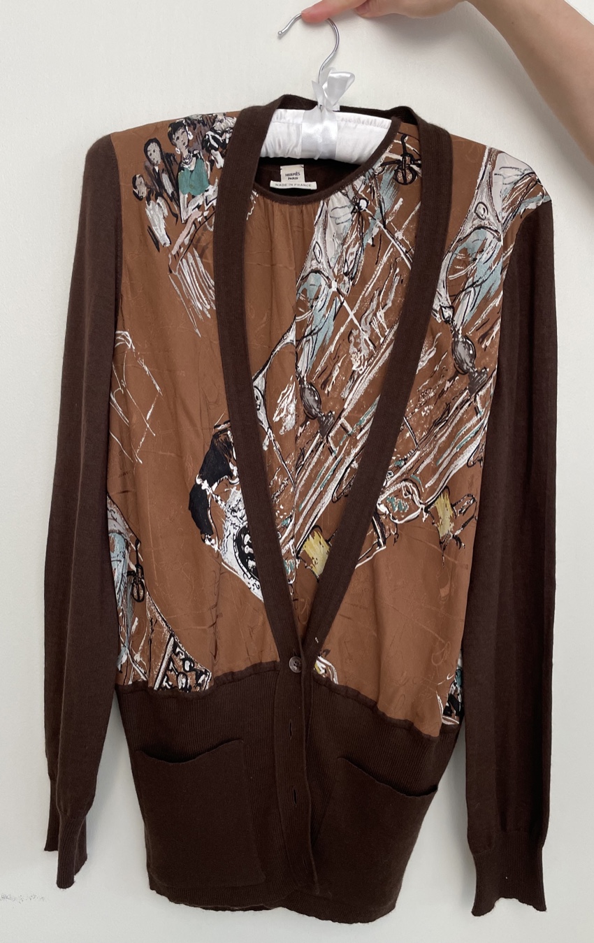 Preowned Hermes Chocolate Brown Printed Silk  Cashmere Twin-Set Size M Tan/Brown