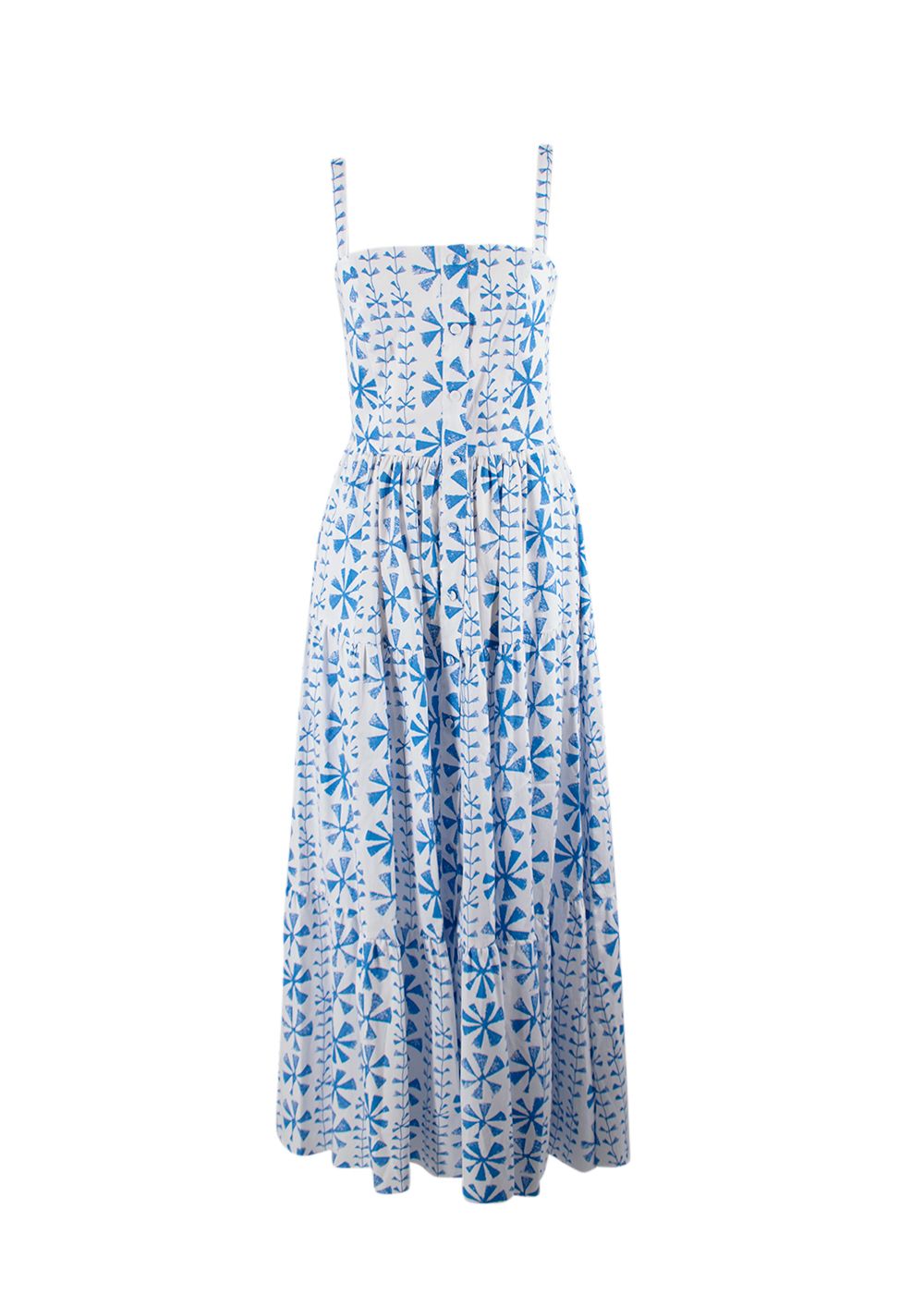 Borgo De Nor Floral Vine Jimena Printed Cotton Midi Dress Size XS Blue and white