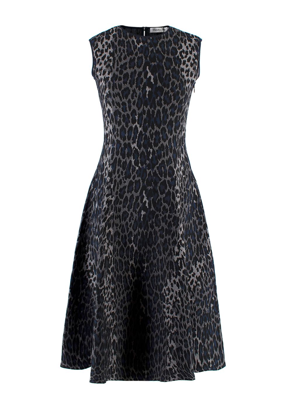 Dior Navy Leopard Print Skater Dress Size XS navy black grey viscose