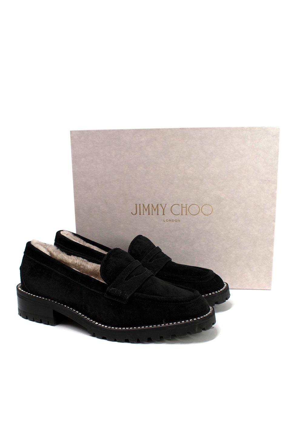 Preowned Jimmy Choo Black Suede Deanna 30 Crystal Trimmed Loafers Size 385