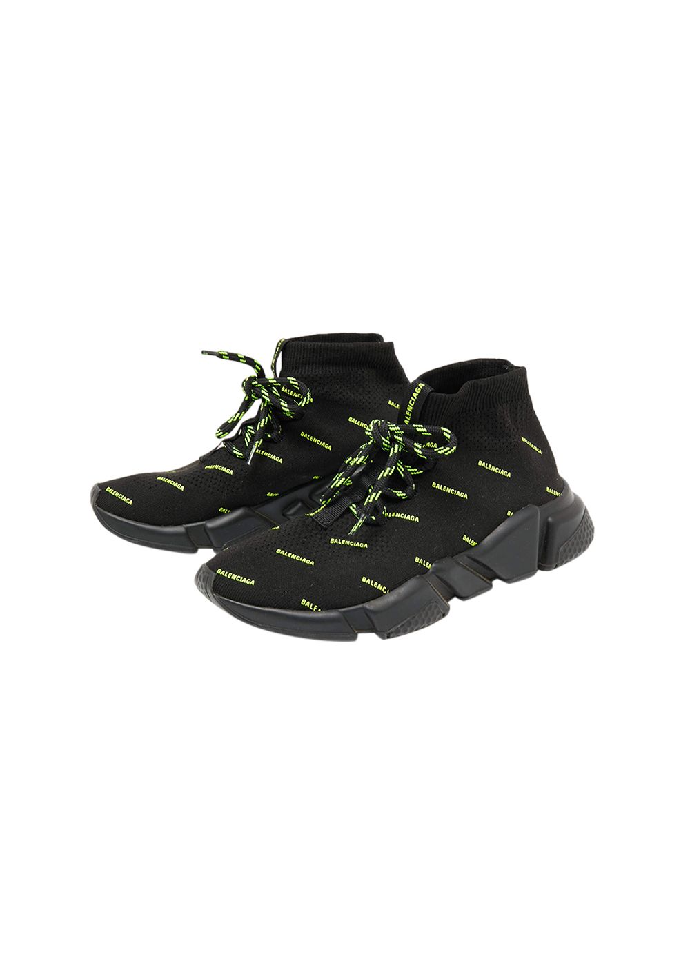 Preowned Balenciaga Neon All-Over Logo Lace-Up Speed Sneakers Size 38 black and neon green stretch fabric