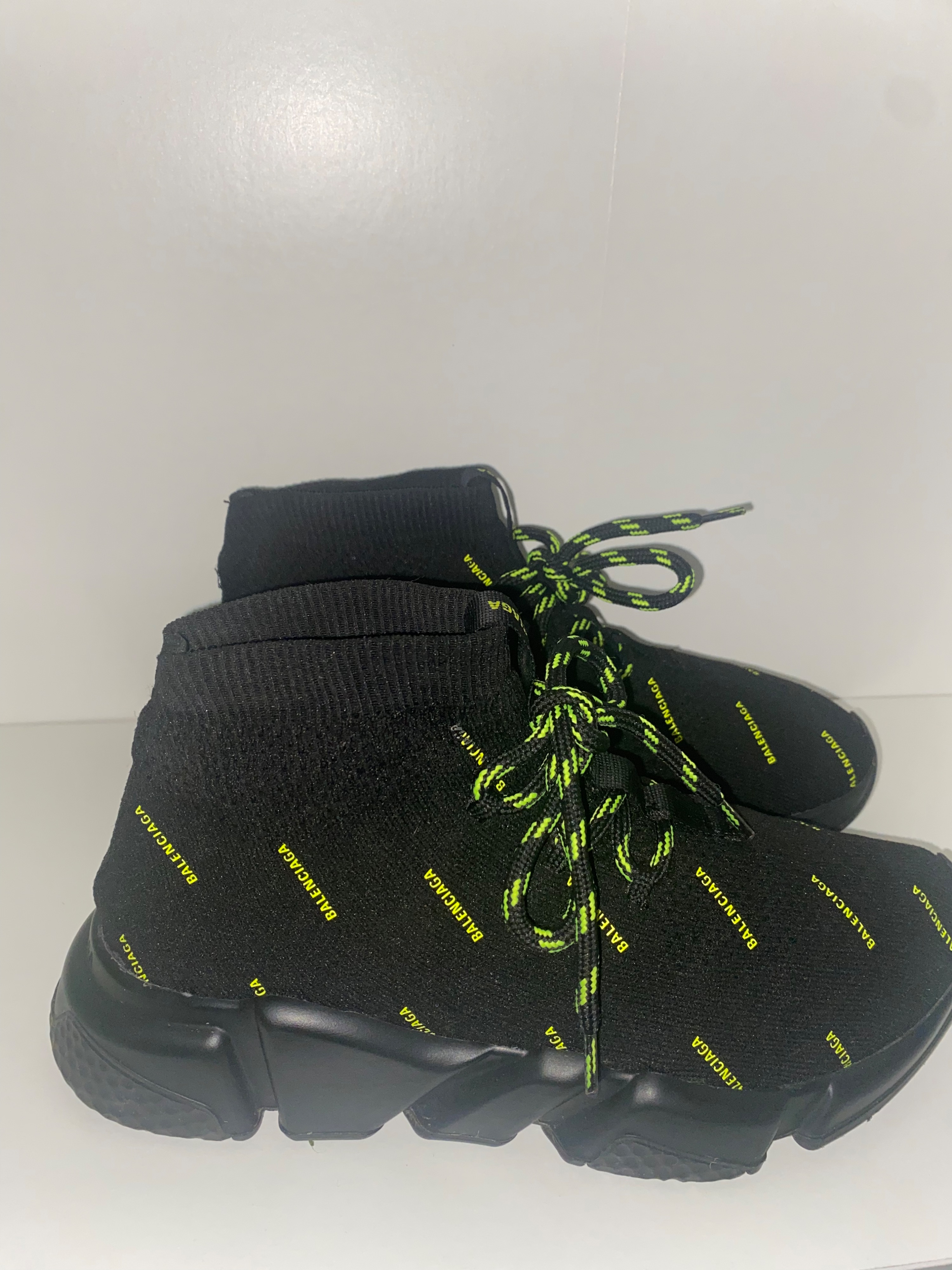 Preowned Balenciaga Neon All-Over Logo Lace-Up Speed Sneakers Size 38 black and neon green stretch fabric