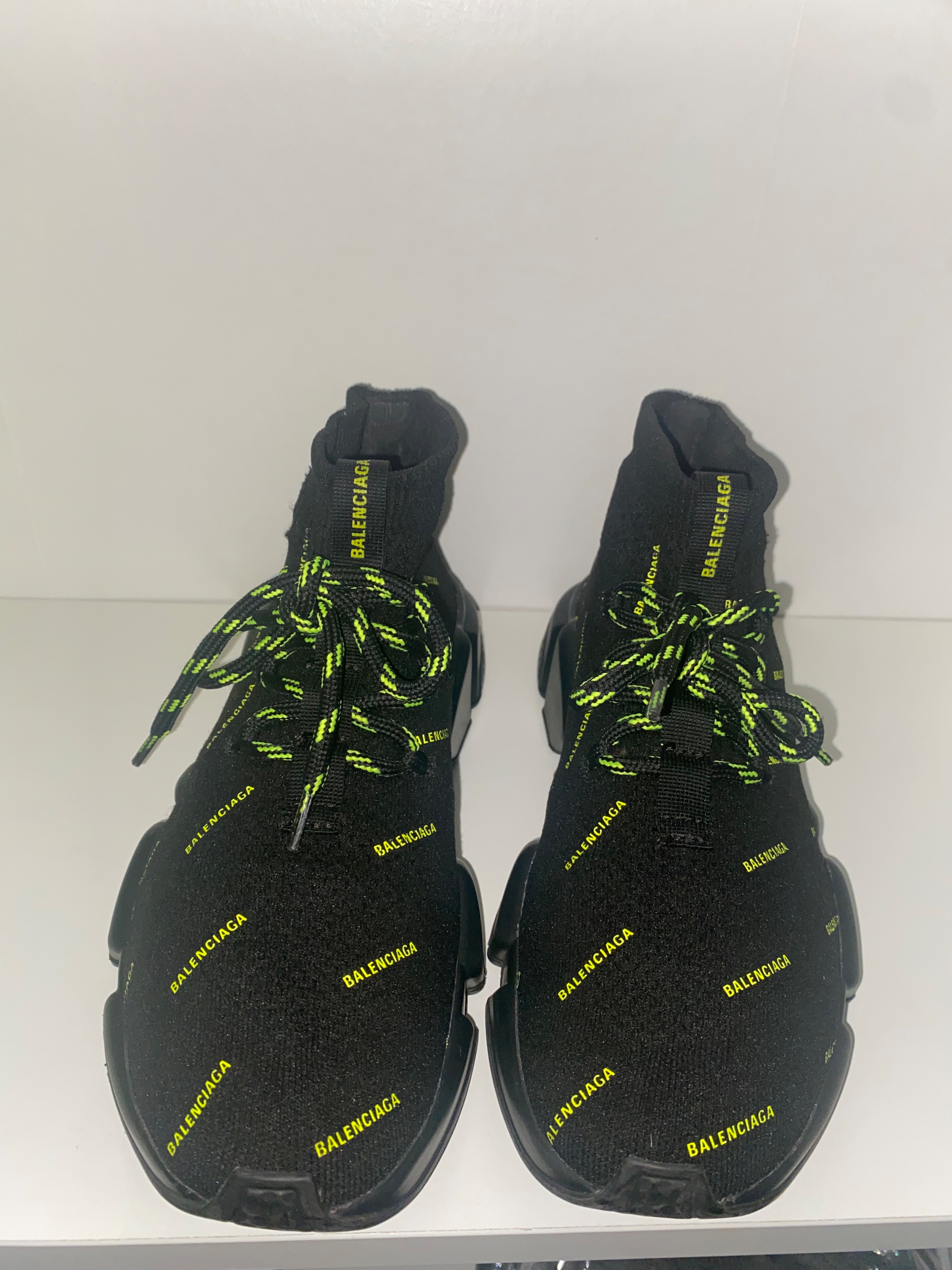 Preowned Balenciaga Neon All-Over Logo Lace-Up Speed Sneakers Size 38 black and neon green stretch fabric