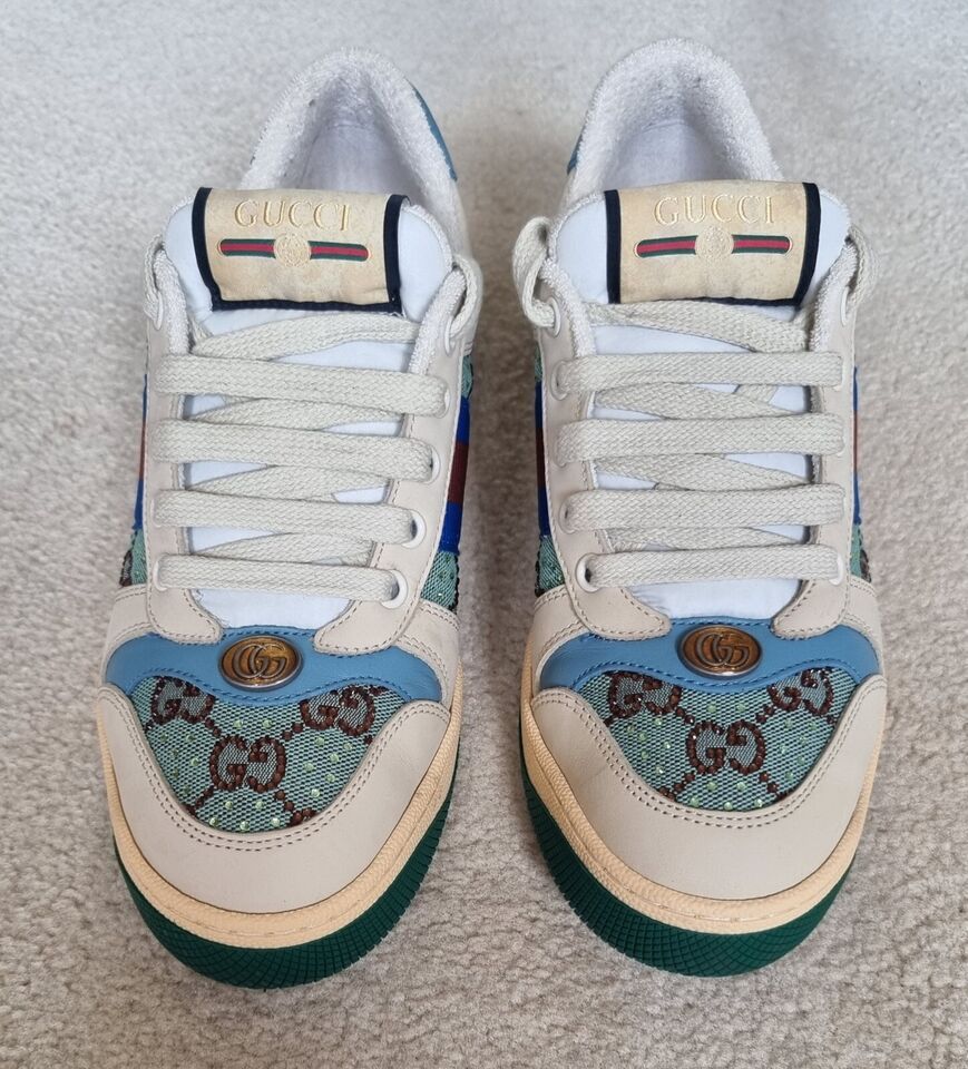 Preowned Gucci Blue Crystal Embellished Screener Trainers Size 37 blue/brown/beige/green canvas/leather