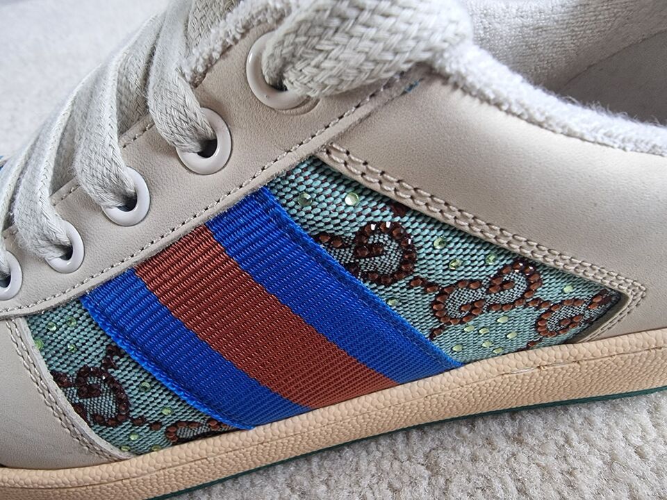 Preowned Gucci Blue Crystal Embellished Screener Trainers Size 37 blue/brown/beige/green canvas/leather