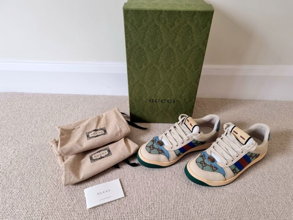 Preowned Gucci Blue Crystal Embellished Screener Trainers Size 37 blue/brown/beige/green canvas/leather