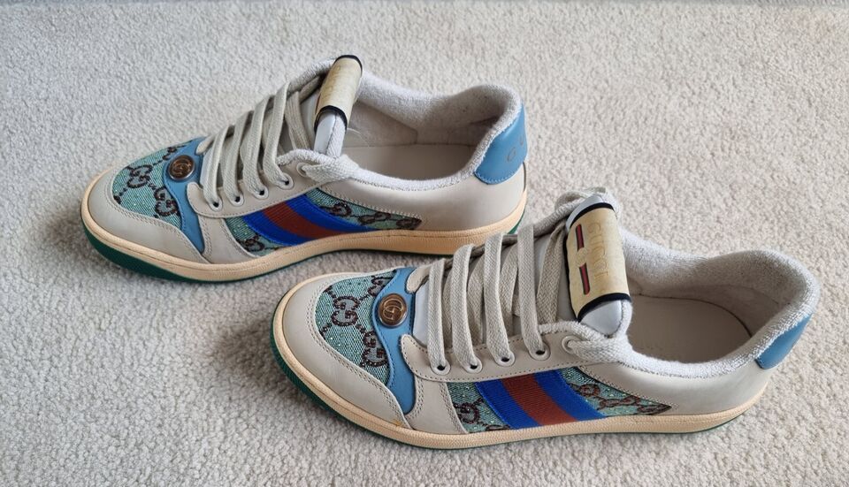 Preowned Gucci Blue Crystal Embellished Screener Trainers Size 37 blue/brown/beige/green canvas/leather