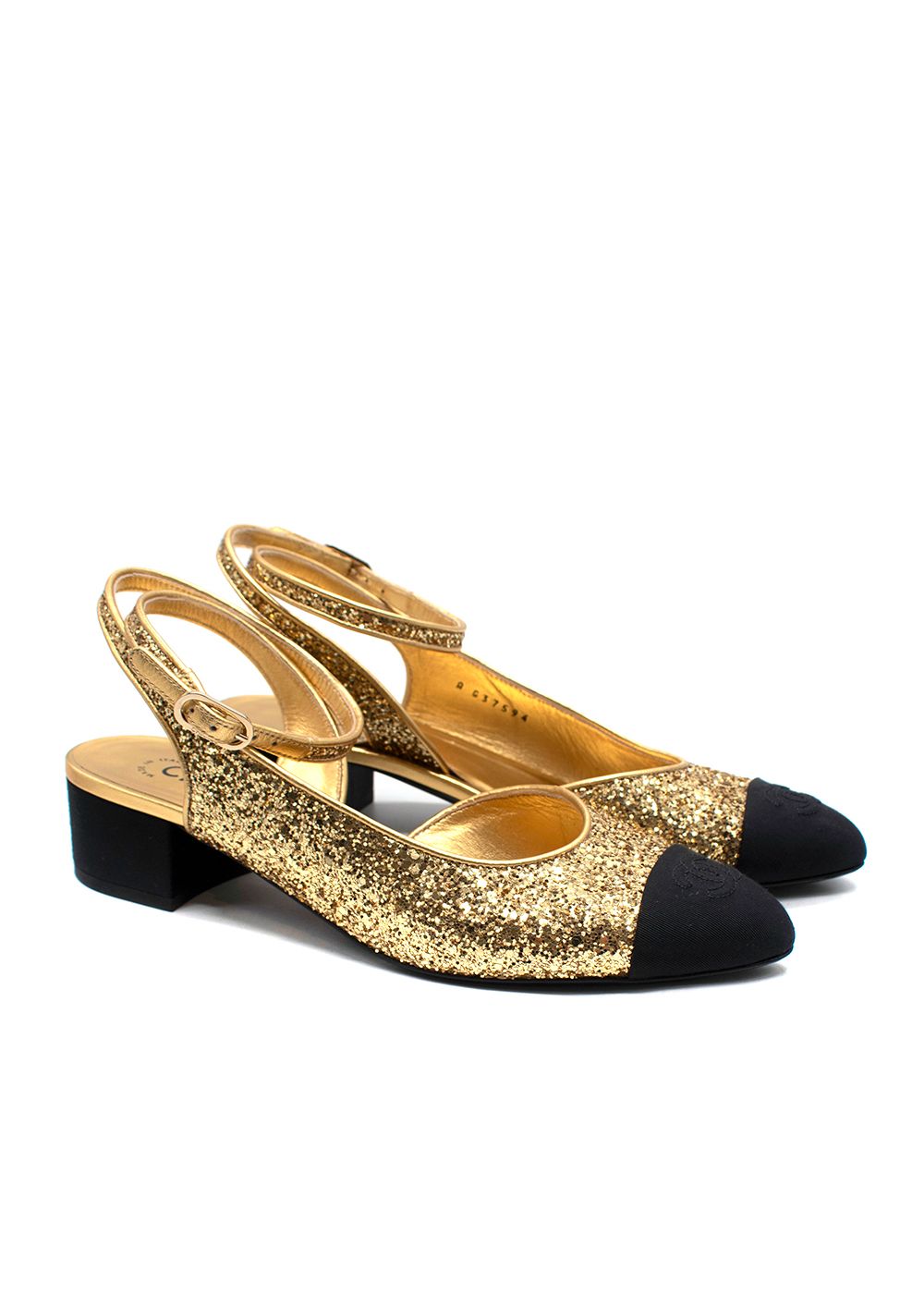 Preowned Chanel Gold Glitter Grosgrain Wrap Around Sling Back Heels Size 39 leather lined/sequin/fabric