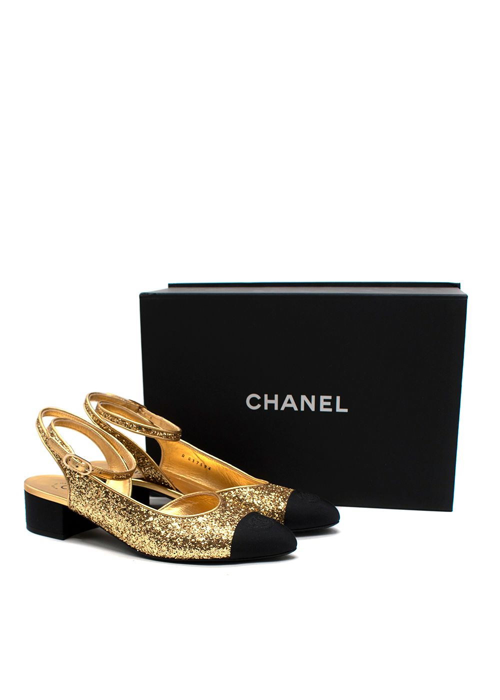 Preowned Chanel Gold Glitter Grosgrain Wrap Around Sling Back Heels Size 39 leather lined/sequin/fabric