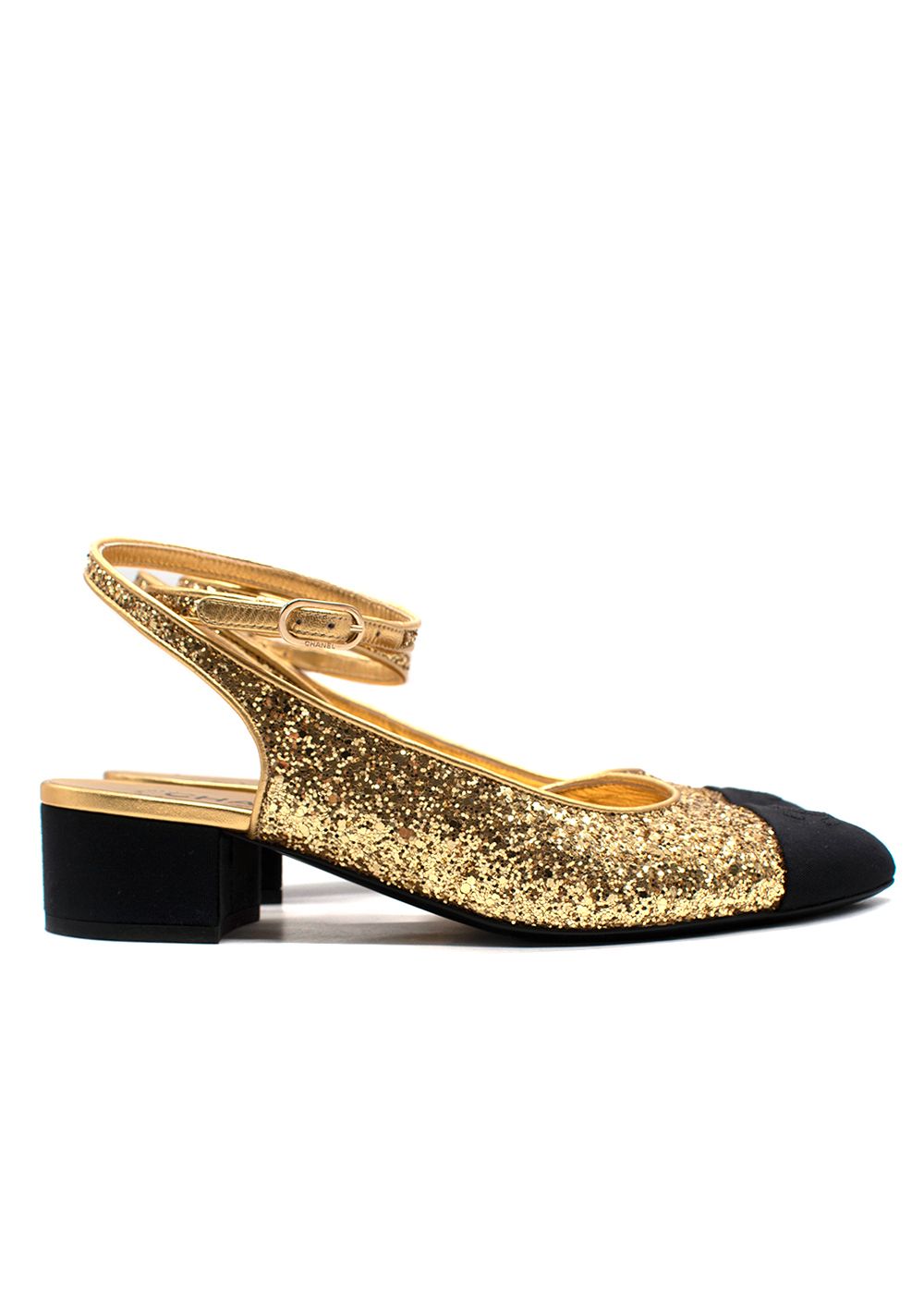 Preowned Chanel Gold Glitter Grosgrain Wrap Around Sling Back Heels Size 39 leather lined/sequin/fabric