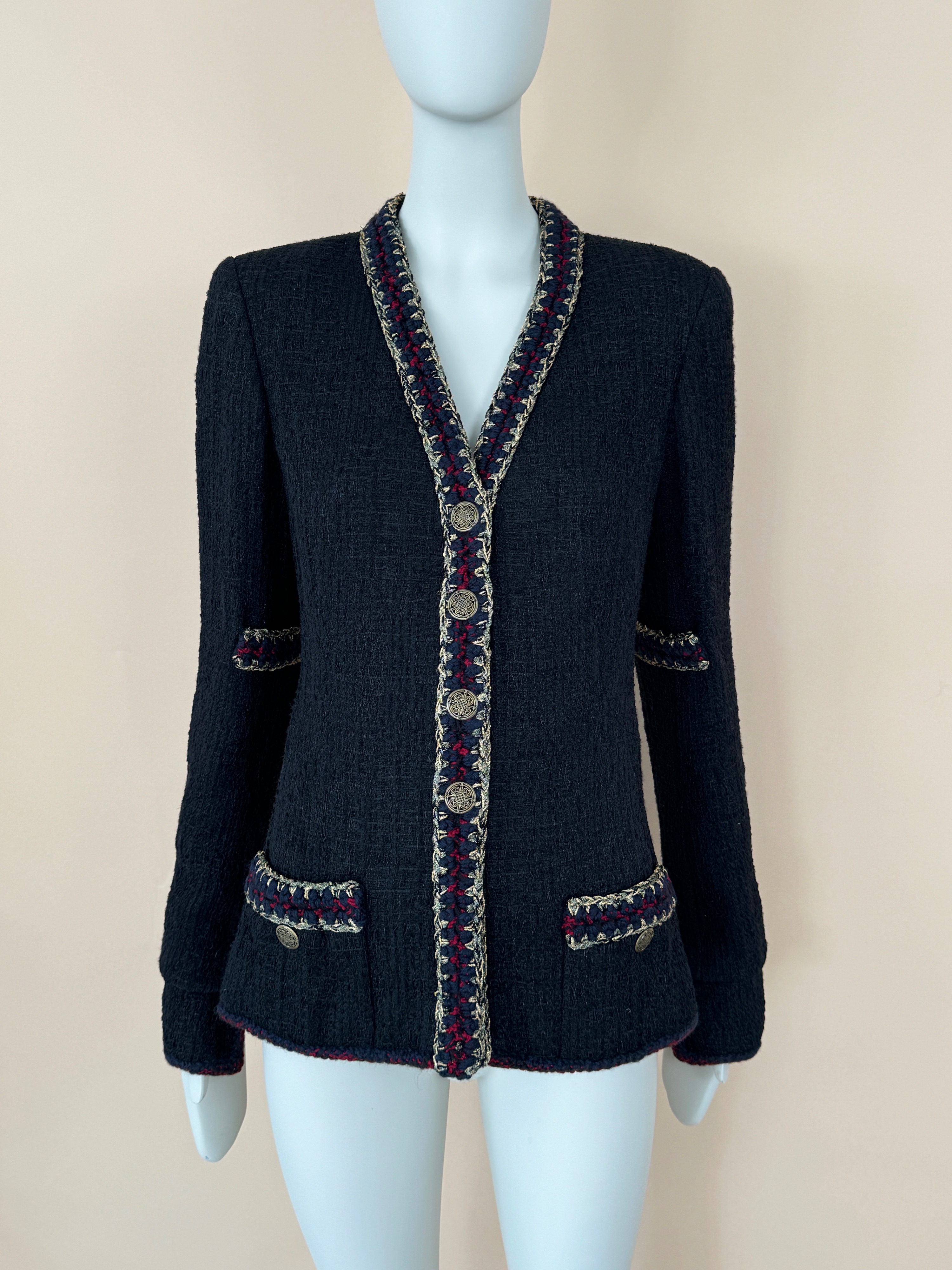 Chanel Black Tweed Contrast Trim Jacket Size M