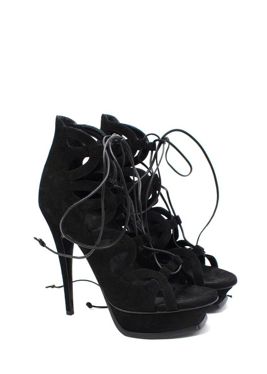 Saint Laurent Tribute Ghillie Black Suede Lace-Up Heeled Sandals Size 375