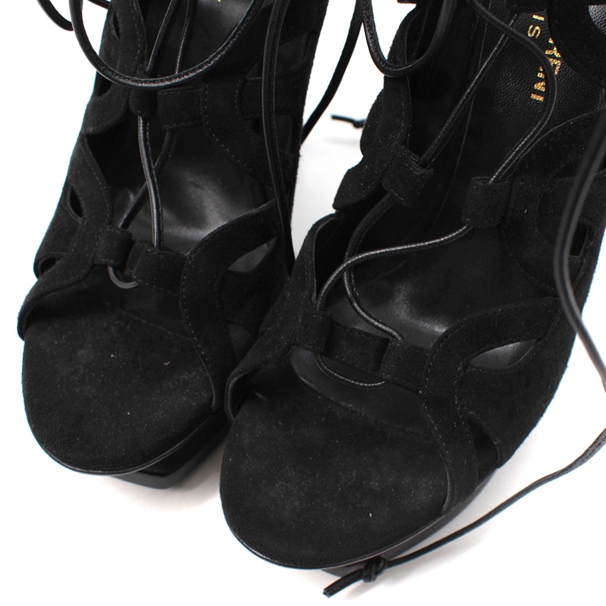 Saint Laurent Tribute Ghillie Black Suede Lace-Up Heeled Sandals Size 375