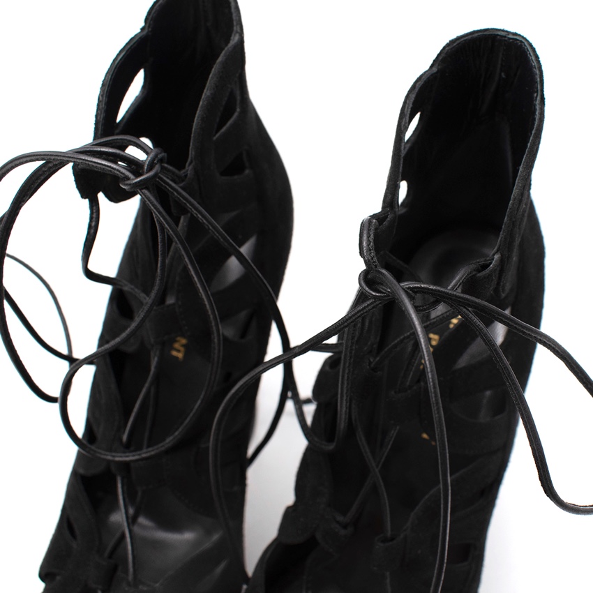 Saint Laurent Tribute Ghillie Black Suede Lace-Up Heeled Sandals Size 375