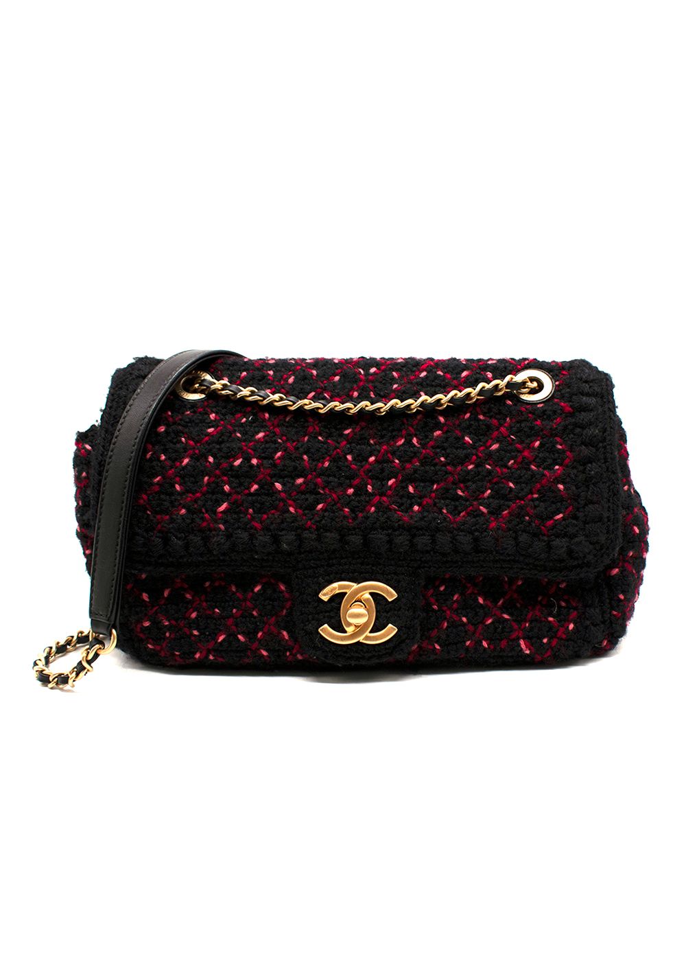 Preowned Chanel Black KnittedTweed CC turn-lock Shoulder Bag Black pink red wool