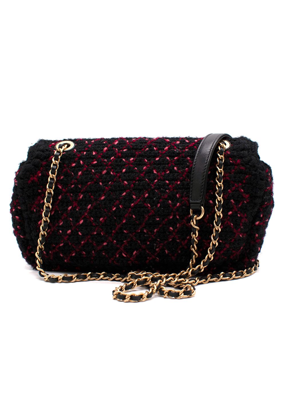 Preowned Chanel Black KnittedTweed CC turn-lock Shoulder Bag Black pink red wool