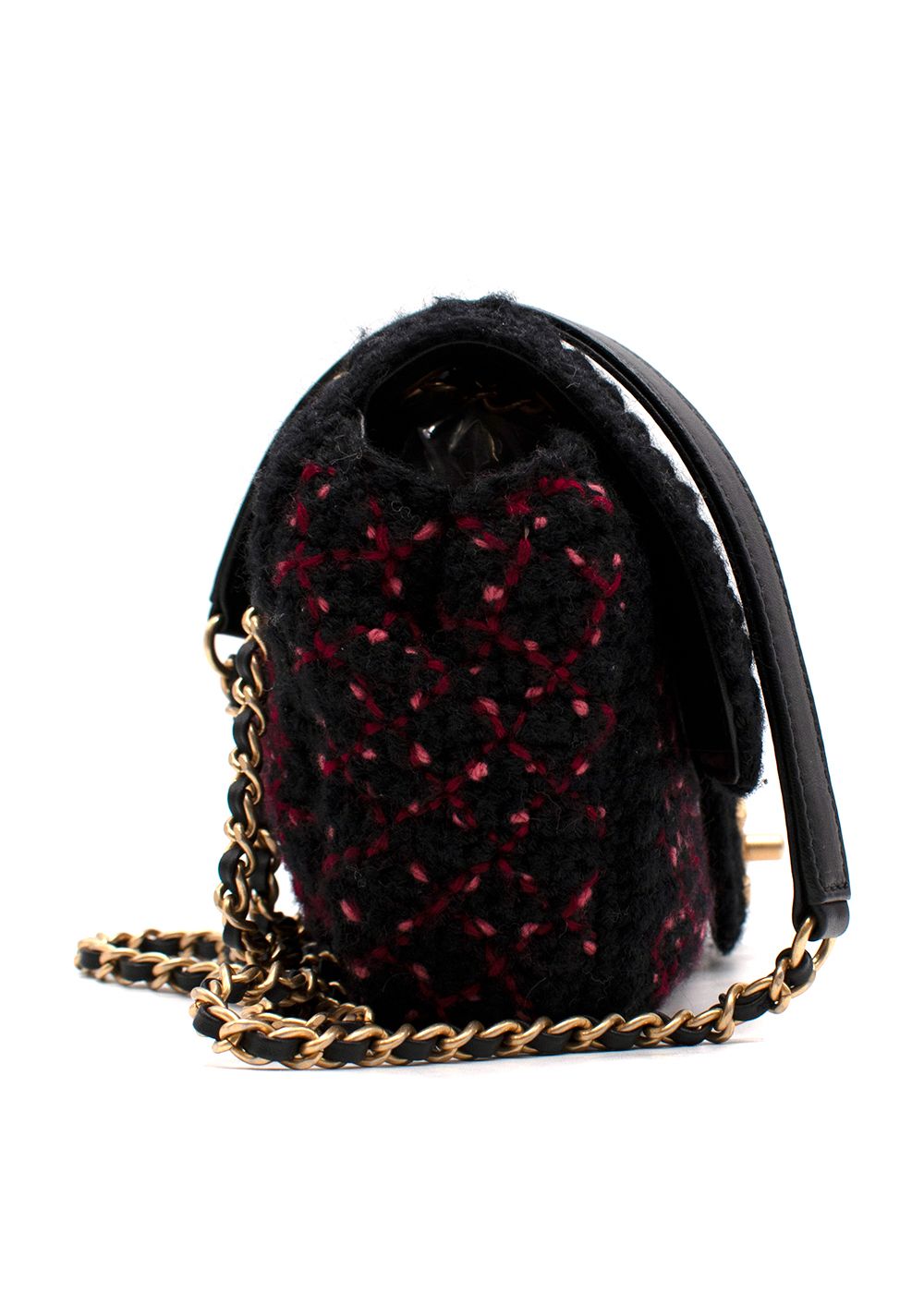 Preowned Chanel Black KnittedTweed CC turn-lock Shoulder Bag Black pink red wool