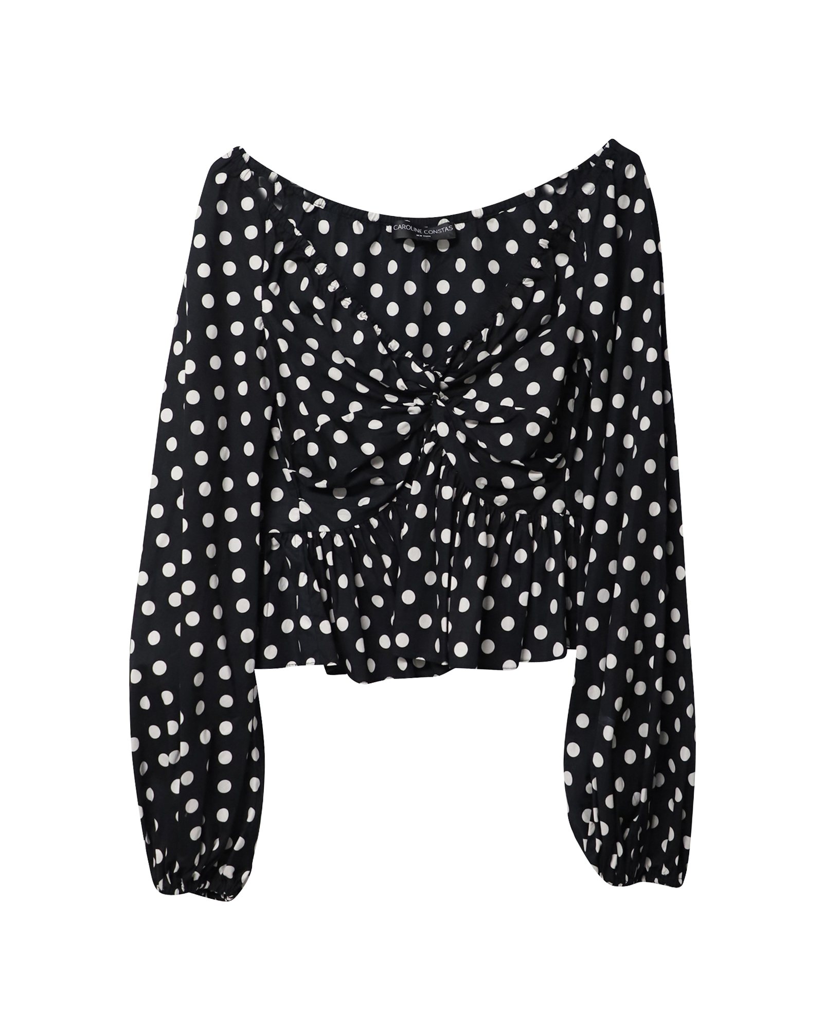 Preowned Caroline Constas Black Polka-Dot V-neck Blouse Size XS cotton