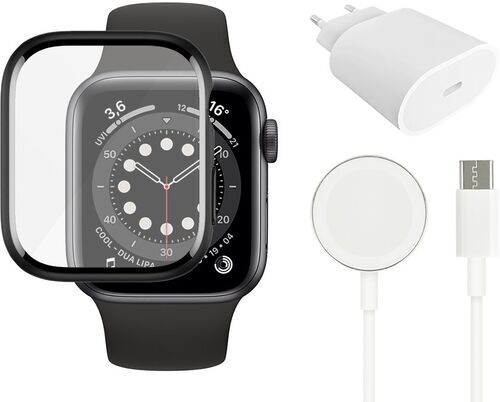 Snabbladdare (20W) + kabel (USB C-magnetisk)  transparent härdat glas Apple Watch 4/5/6/SE 44 mm