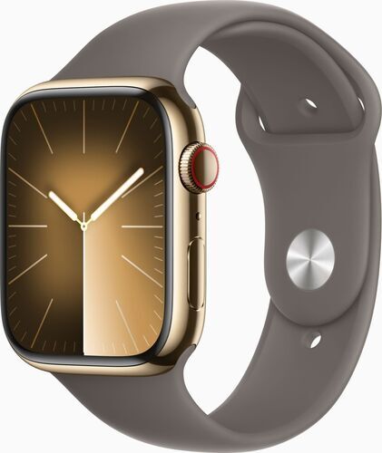 Apple Watch Series 9 Rostfritt stål 45 mm (2023) GPS + Cellular guld Sportband lera brun M/L