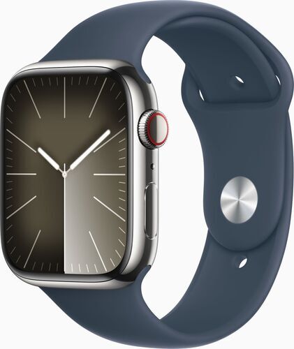 Apple Watch Series 9 Rostfritt stål 45 mm (2023) GPS + Cellular silver Sportband stormblå M/L