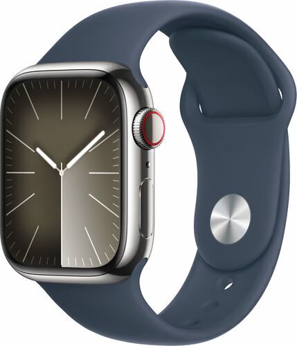 Apple Watch Series 9 Rostfritt stål 41 mm (2023) GPS + Cellular silver Sportband stormblå S/M