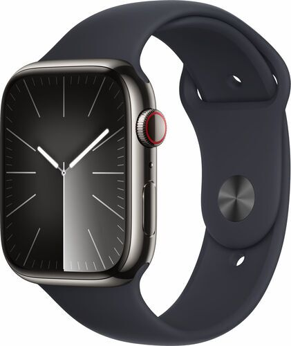 Apple Watch Series 9 Rostfritt stål 45 mm (2023) GPS + Cellular grafit Sportband Midnatt M/L