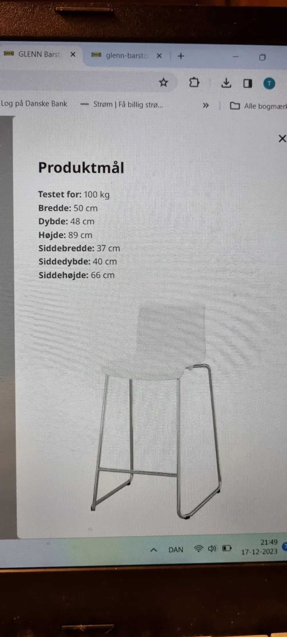 Ikea 2 barstole sidde højde 66 cm