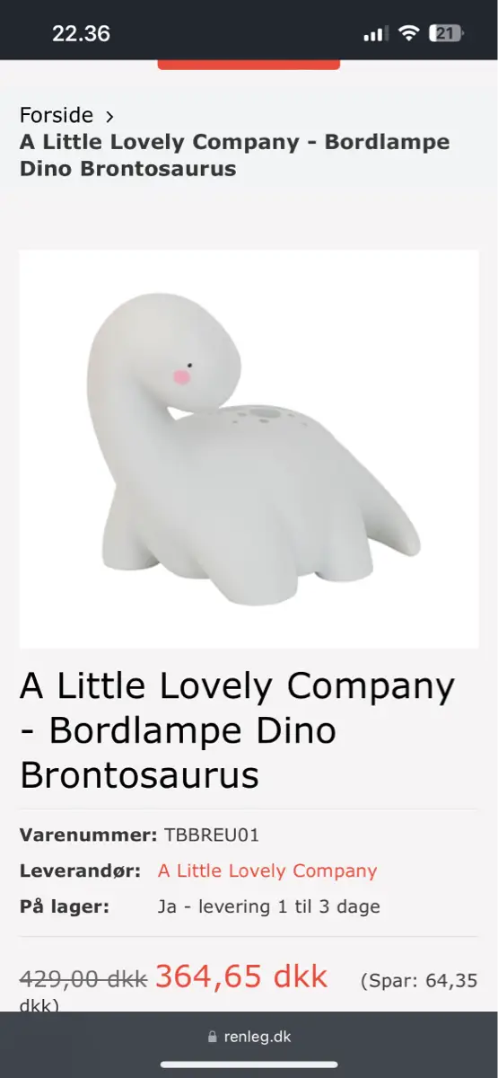 A Little Lovely Company Dino lampe