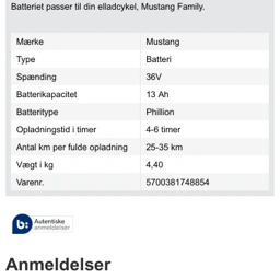 Mustang family rider nYT! batteri til Elladcykel