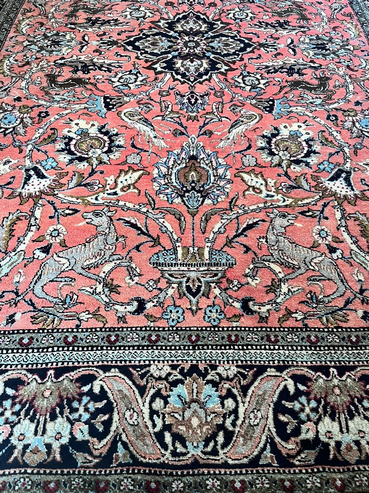 Hand made silk Qum figural carpet from Persia