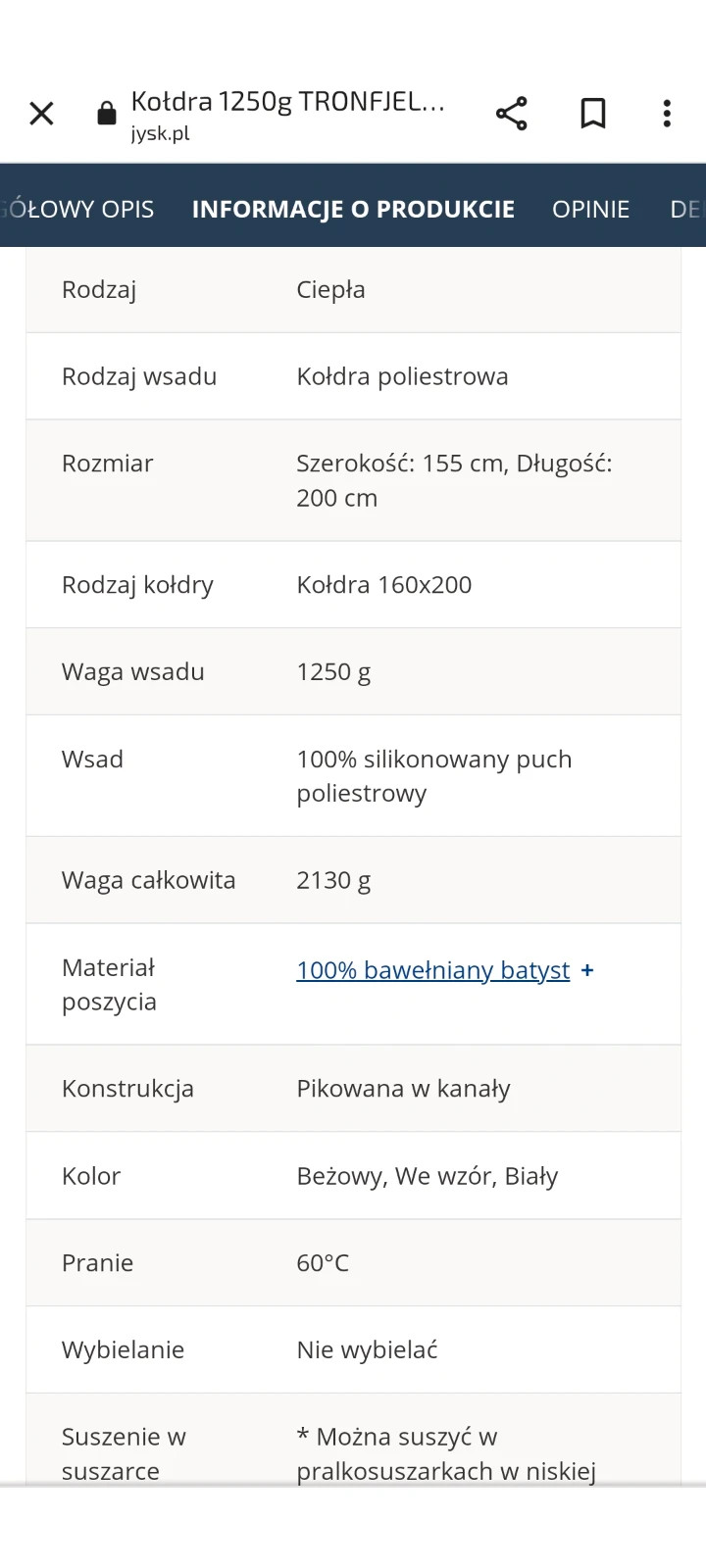 Nowa kołdra Jysk 155x200