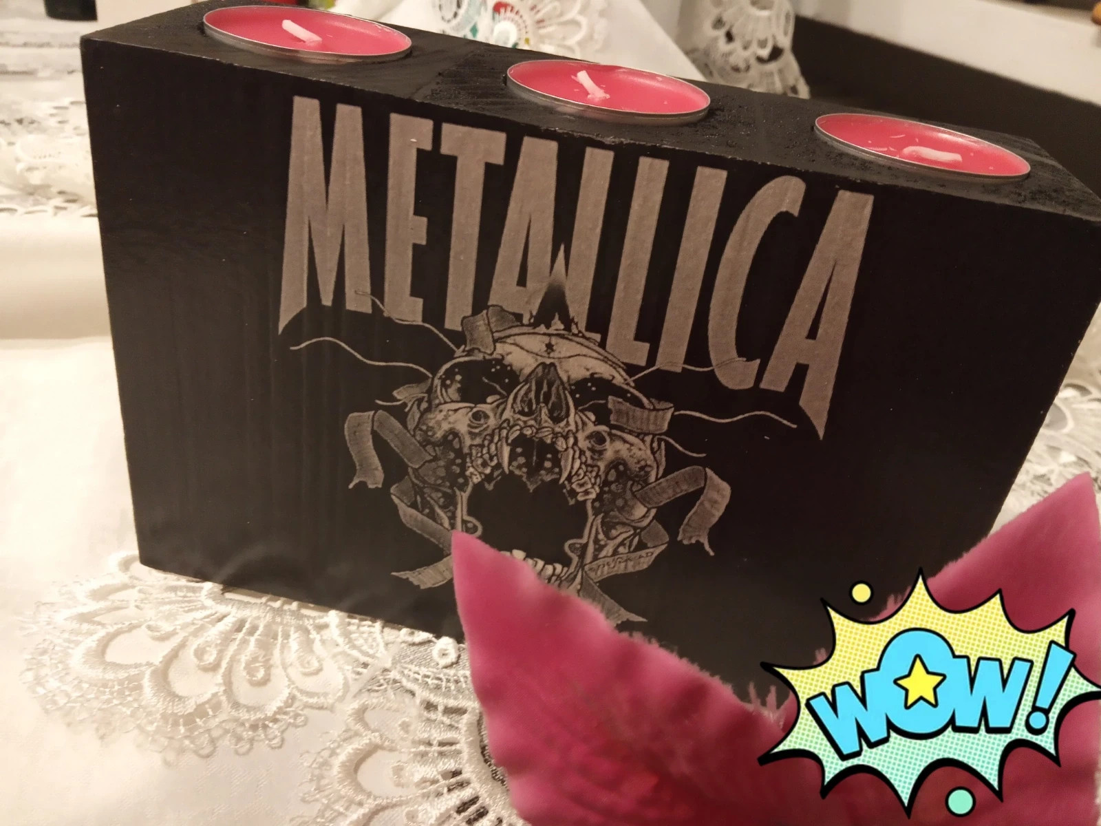 Metallica duży świecznik drewniany