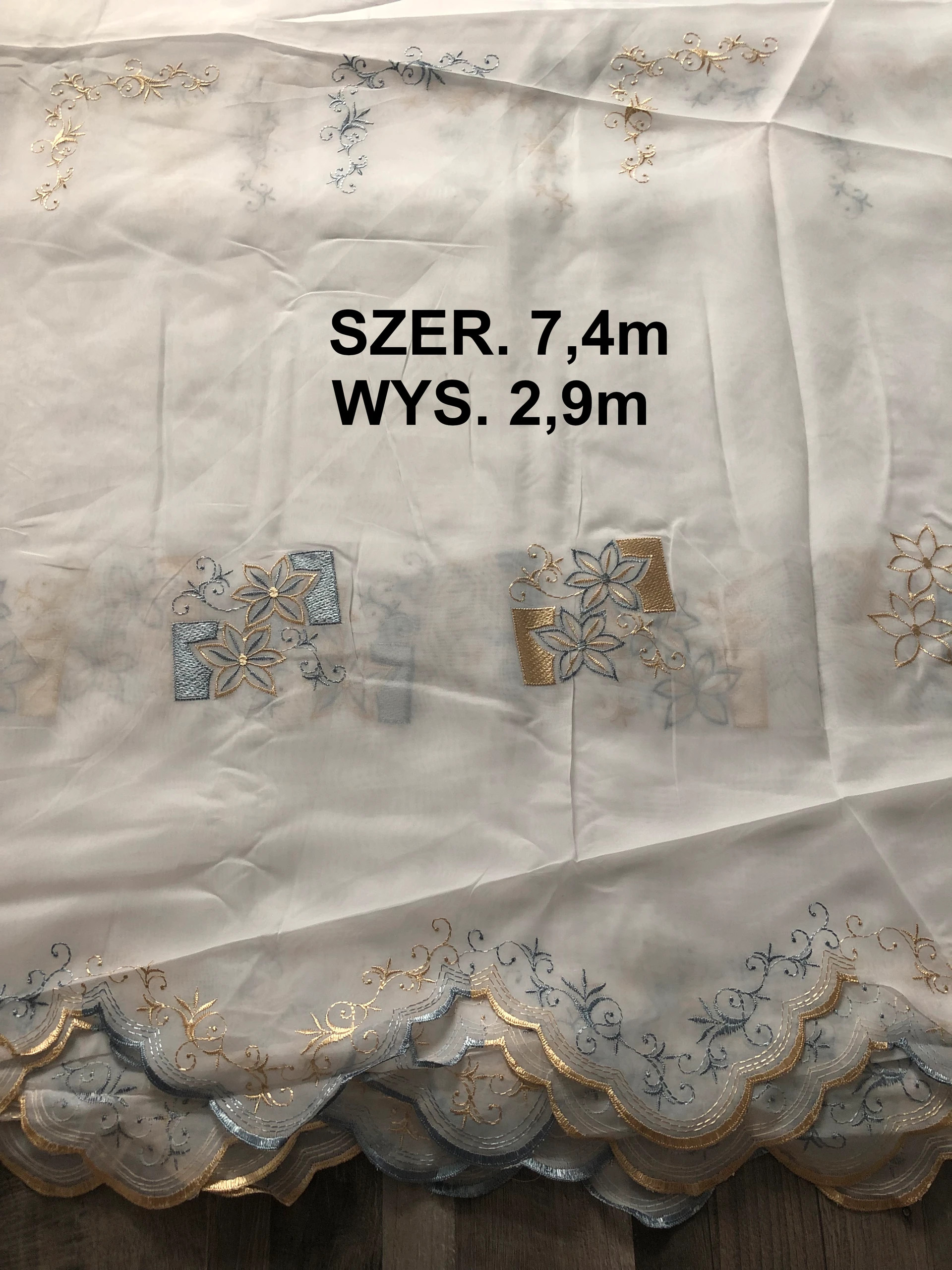 NOWA Turecka Elegancka Firana Zloty Niebieski Wzór wys 29m x szer 74m