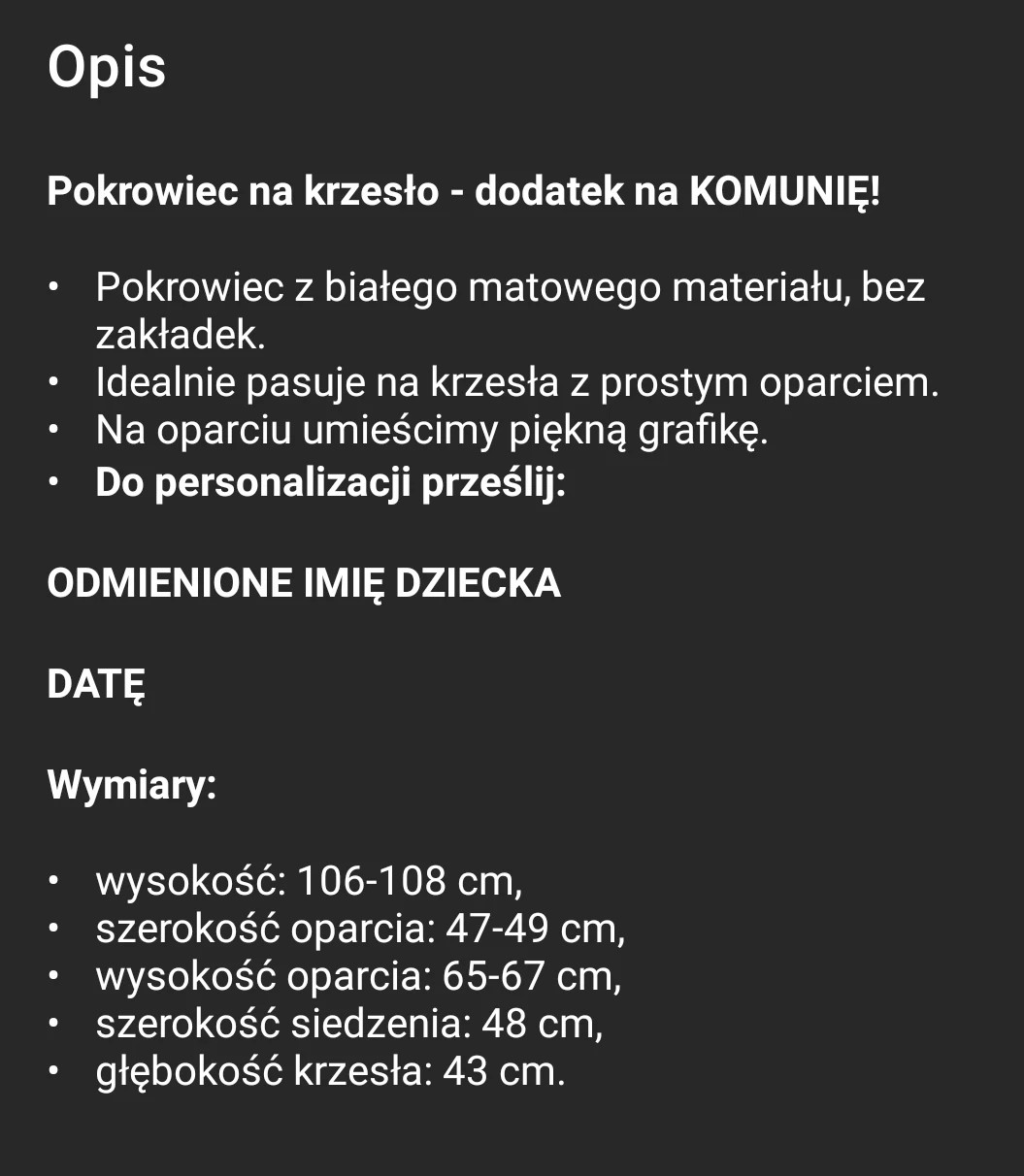 Pokrowiec na krzesło komunijne